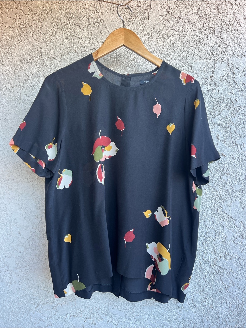 Madewell 100% Silk Navy Floral-Dot Pintuck Shirt Sleeve Top